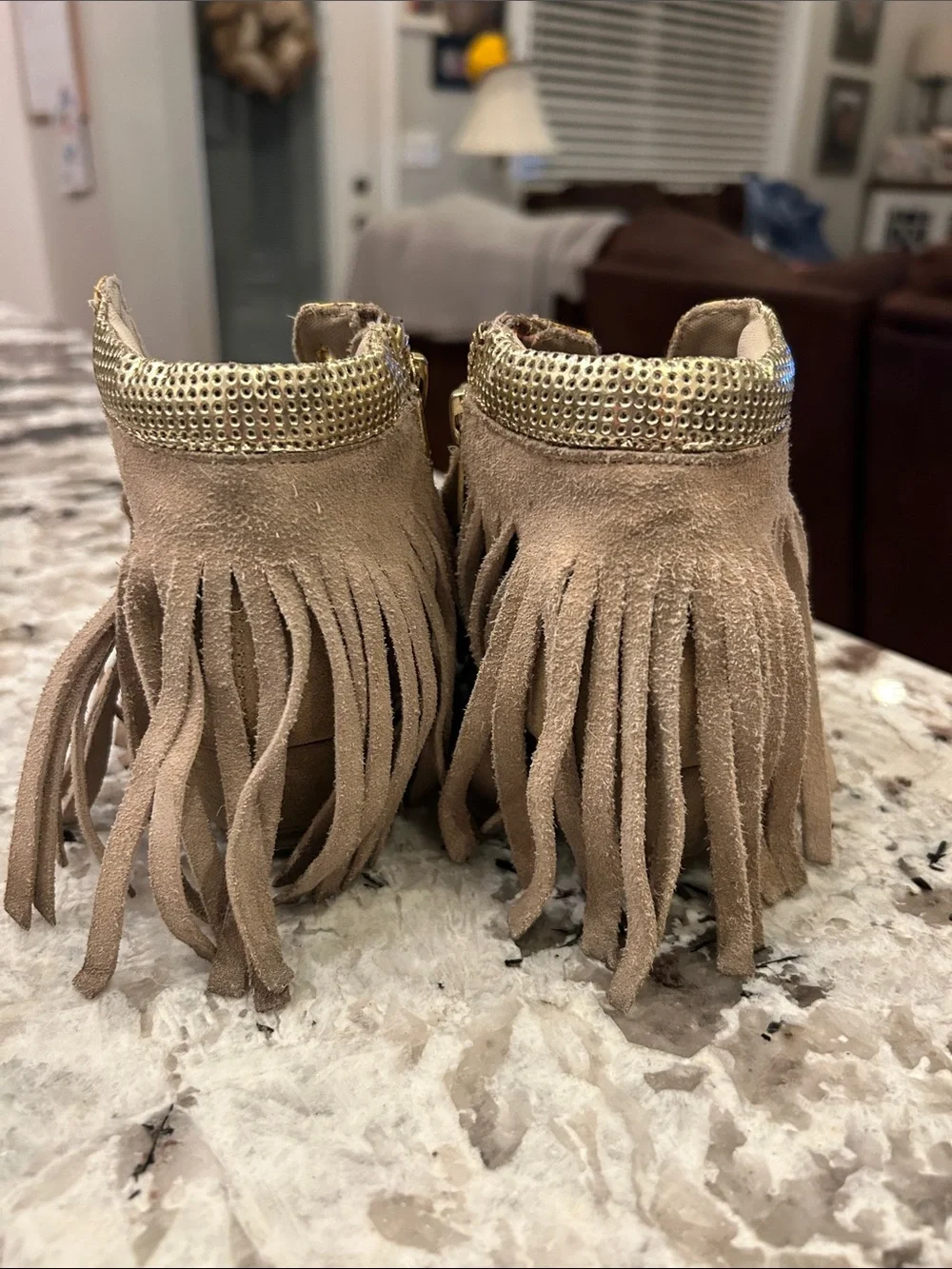 Beige Fringe Suede High-Top Sneakers with Gold Accents